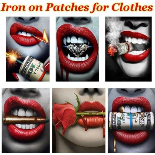 Fashion Red Lips Heat Transfer Patch Iron On T-Shirt Hoodies Washable Patches DIY Women Diamond Lips Thermal Stickers Applique