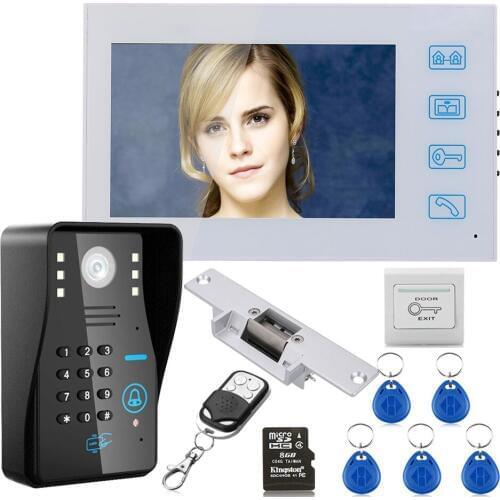 7"HD Recording RFID Password Video Door Phone Intercom Doorbell System kit With 8G TF Card With NO-Electric Strike Door Lock