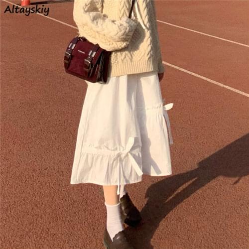 Skirts Women Solid Bow Ruffles A-line Japanese Style Kawaii Lovely High Waist Sweet Gentle Ulzzang All-match Leisure Female Ins