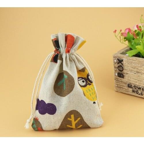 Factory sale 10x14cm 50pcs Small Burlap Drawstring Bags, Linen Cotton Bags, Cute Owl ,Wedding Party Candy Christmas Gift Bags