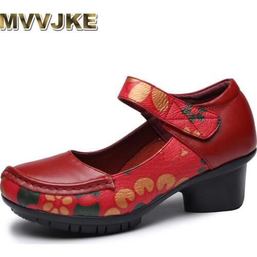 MVVJKE 2018 Vintage Ethnic Style Women Pump Genuine Leather Thick Heel Women Shoes Spring Autumn Shallow Mother Shoes E160