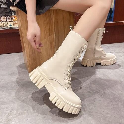 WHNB 2021 New Mid Calf Boots Women Autumn Winter Fashion Lace-up Zipper Botas Mujer Boots Sports Platform Heel Ladies Shoes