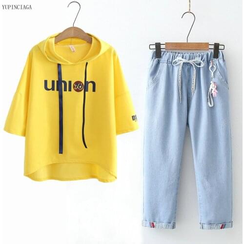 Women Two Piece Sets Tops And Jeans 2021 Summer Loose Short-Sleeve T-shirt Elastic Waist Straight Trousers 2116160