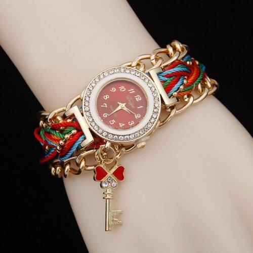 Ethnic style ladies chain woven watch, key pendant set with diamonds, British watch