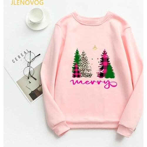 Pink Merry Christmas Trees Hoodies Women Funny Kawaii Sweatshirt Femme Harajuku Winter Autumn Sudadera Mujer Tracksuit