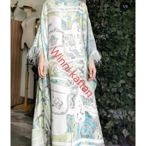 Plus Bohemian Colorful Printed Feather Silk Kaftan Maxi Dresses For Women Traditional African Abaya Muslim Ramadan Maxi Dresses