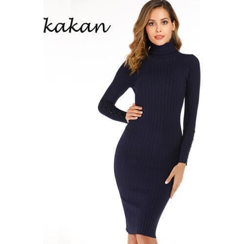 Kakan 2019 autumn and winter new womens sweater dress sleeves button high collar knit sweater dress