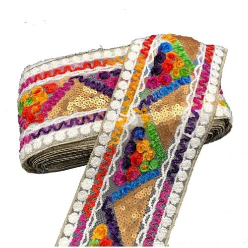 1 Yard Ethnic Embroidery Lace Sequin Embroidery Ribbon Sewing Lace Fabric for Bag Clothing Craft Accessories