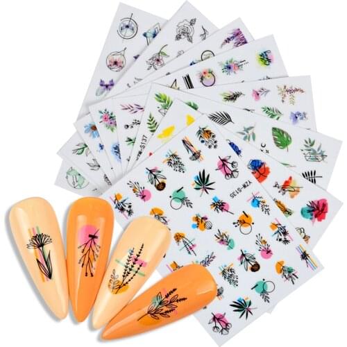 3D Nails Sticker Art Geometry Flowers Rose Adhesive Nail Designer Sliders Decals Line Grass Art Decorations Manicure Accessories