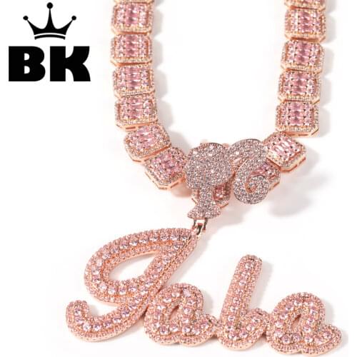 The Hiphop Custom Name Girl Clasp Brush Script Bubble Letter Iced Out Two Tone CZ Name Plate Pendant Tennis Chain Hiphop Jewelry