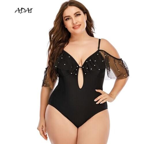 Black One Piece Swimsuit Women Swimwear Plus Size Solid Mesh Cut Pearl Inlay Bodysuit Backless Bathing Suits Sexy Monokini L-5XL