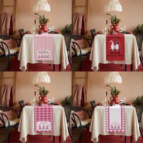 Valentines Table Runner Decoration I Love You Letters Cartoon Gnome Pattern Kitchen Tablecloth for Dinner Parties Wedding
