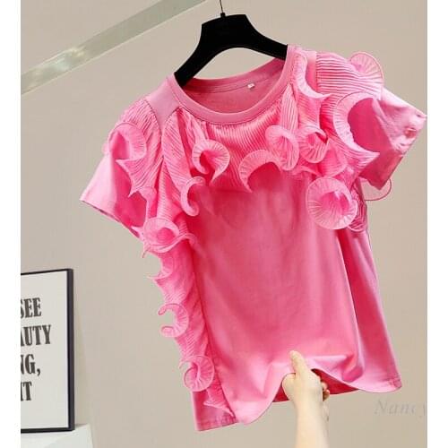 Womens Tees Sweet Folding Ruffled Stitching Round Neck Short Sleeve T-shirt Femme All-Matching Top White Black Pink Summer 2021