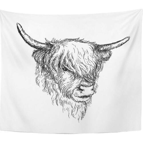 Polyester Fabric Print Tapestry Home Decor Hair of Beautiful Scottish Rural Animal Hairy Cow Coo from Highlands Sketch Wall Hang