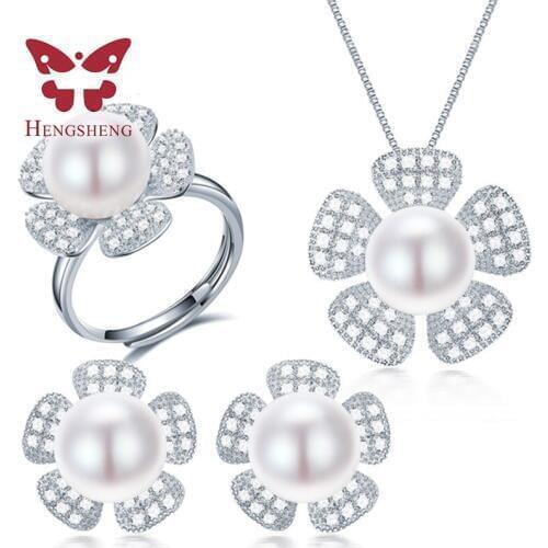 100% Genuine Freshwater Pearl Pendant Ring and Earrings Set For Wedding Jewelry Set, 925 Sterling Silver Women Jewelry Set 2021