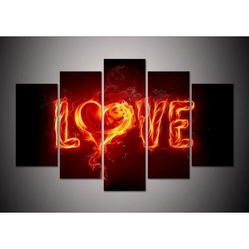 5 Panels Large HD Printed Canvas Painting Red Fire Love Canvas Print Modern Home Decor Wall Art Pictures For Living Room