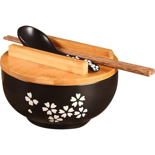 Japanese Style Ceramic Bowl,Tableware Set,Tableware for Noodles/Salad,with Wooden Cover,Spoon Wooden&Chopstick