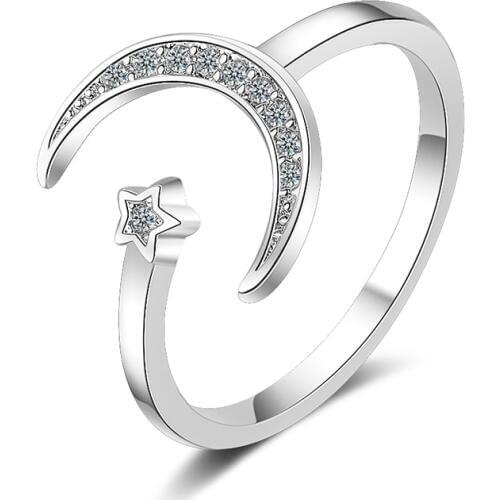 Moon & Tiny Star Zirconia Ring Simple Style Opened Party Rings Fashion Wedding Jewelry Accessories Gifts for Women bijoux