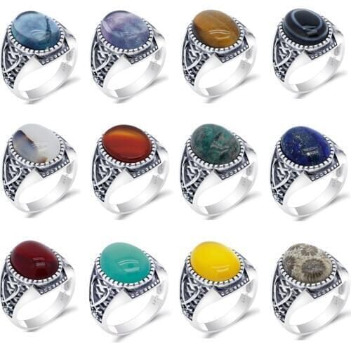 Mens Ring with Lapis Lazuli/Fluorite/Tiger eyes/Agate/Coral Stone 925 Silver Multi-color Stone Double Swords Turkish Jewelry