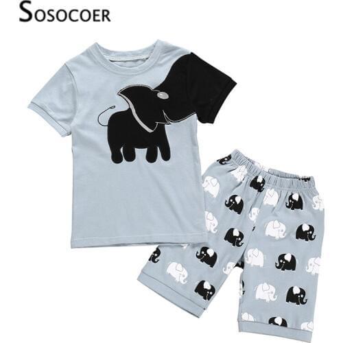 SOSOCOER Boy Clothes Set Summer Cartoon Elephant T-shirt+Shorts 2pcs Kids Baby Girl Outfits Cute Animal Print Children Costume