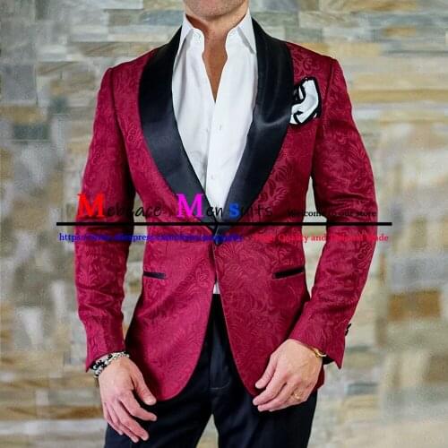 2021 Tailor-Made Burgundy Wedding Men Suits Slim Fit Tuxedo 2 Pieces Suits Groom Prom Jacquard Blazer Terno Masculino Suits