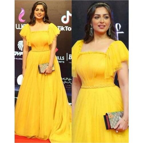 2020 Best Selling Yellow Square Neck Pleated Short Sleeve Floor Length Tulle Prom Dresses