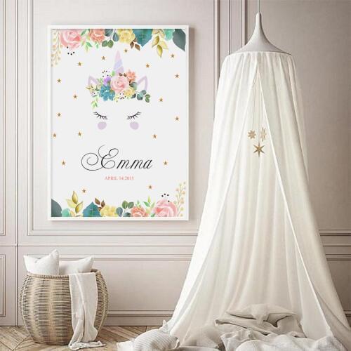 Sweet Unicorn Personalized Name and Date of Birth Nursery Decor Baby Wall Art Canvas Painting Poster Print Pictures Home Decor