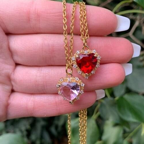 Trendy Adjustable Rainbow Rhinestone Heart Charm Necklace Women Gold Color Crystal Love Necklace Gifts For Her