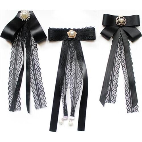 Handmade Fashion Ribbon Lace Bow Tie for Womens Blouses Shirt Collar Brooches Pin FemalePearl Neck Ties Clothing Accessories