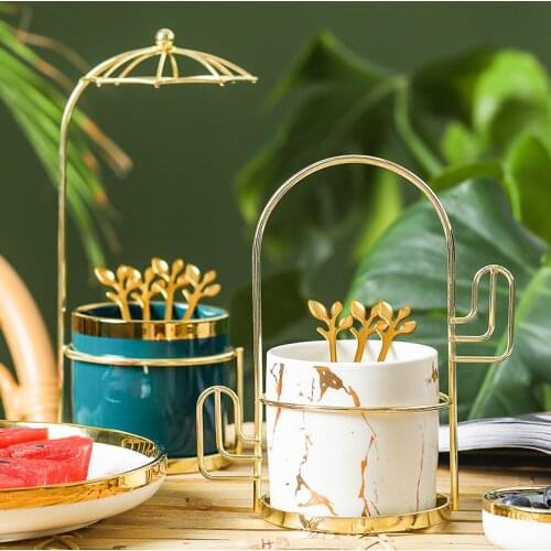 Marbled Ceramic Storage Tank 410 Stainless Steel Spoon And Fork Set Fruit Fork Coffee Spoon Golden Ceramic Tank Tableware Set