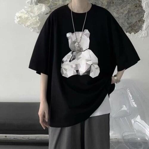 Cartoon print mens T-shirt Summer loose bear print T-shirt casual Korean version of the five-minute sleeve top