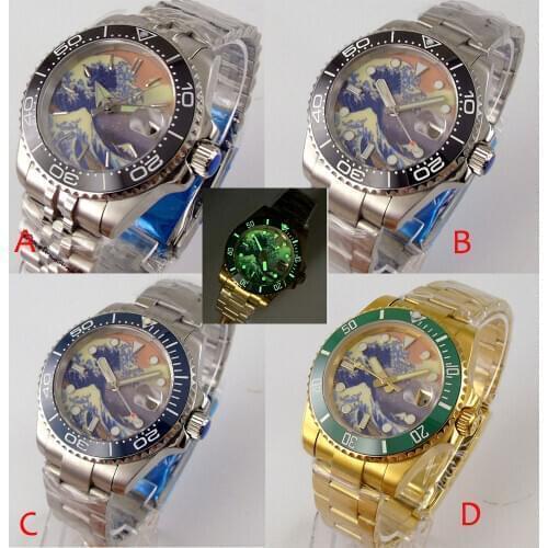 Super Luminous Mechanical SUB Men Watch Japan 24 Jewels NH35A Wave Pattern Brushed Bracelet Sapphire Glass Unidirectional Bezel