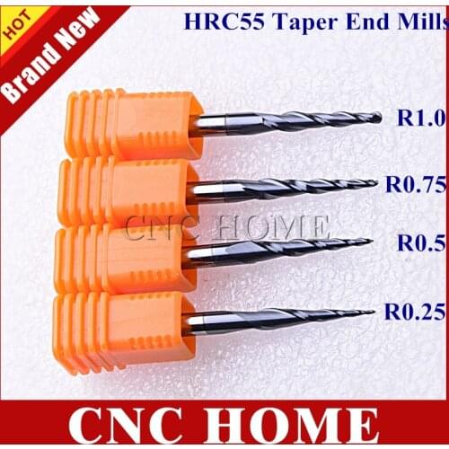 4Pcs Ball Nose End Mill HRC55 R0.25&0.5&0.75&1.0 Radius Tungsten Solid Carbide Tapered Milling Cutter Set Wood Cone Endmill Bits