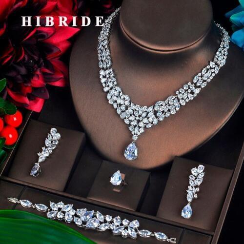 HIBRIDE Luxury Clear Cubic Zircon Pendientes Wedding Jewelry Set 4 PCS Earring Bracelet Necklace Ring Brincos Bijoux Set N-631