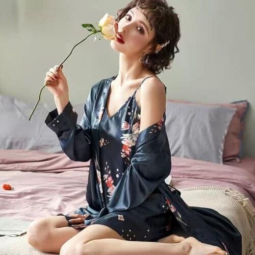 Long Belt Night Gowns Womens Pajamas Leopard Robe Vest 2PCS/Set Top Women Full Sleeves Big Size Mom Casual Homewear Sexy Clothe