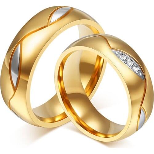 Wedding Rings for Lover Cubic Zirconia Stainless Steel Ring Black Gold Color Couple Rings Engagement Jewelry for Women and Men