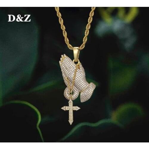 D&Z Praving Hands Pendant In White Gold Iced Out Pendant Paved AAA CZ Stones Hip Hop Gold Silver Color Charm Chains Jewelry Gift