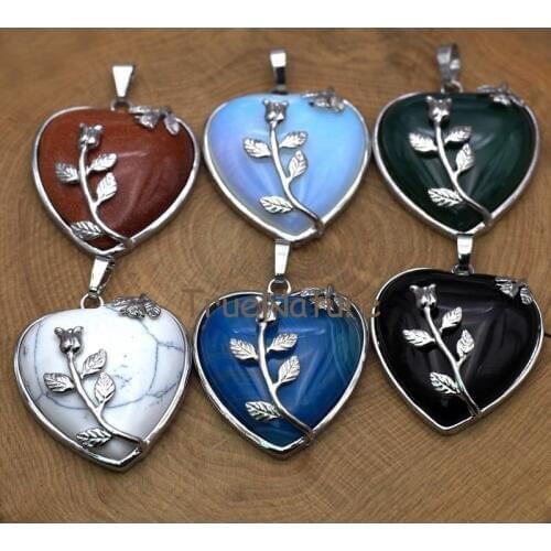 Mix Stone Heart Pendant For Necklace Silver Single Bails Rose Accent Howlite Agates Opal Stone Charm In 38*33 mm PM7776