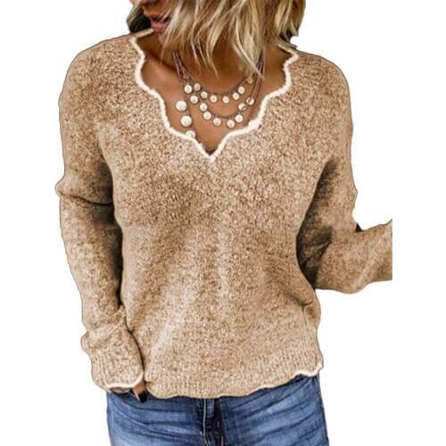 Casual Women Solid Color Long Sleeve V Neck Irregular Hem Thin Pullover Sweater
