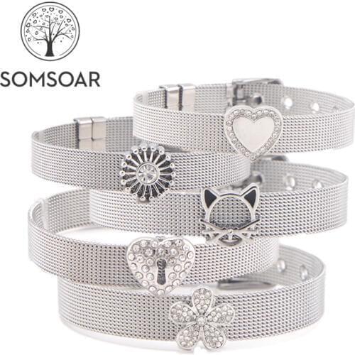 Dropshipping Somsoar Jewelry Silvering Stainless Steel Mesh Bracelet Bangles with DIY Slide Charms Bracelets as Woman Best Gift