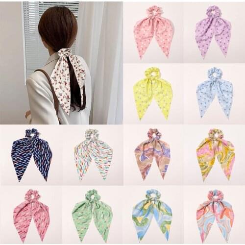 New Floral Print Women Hair Scrunchie Bows Ponytail Holder Bow Knot Ribbon Rubber Bands Girls Hair Ties Rope Hair Accessories