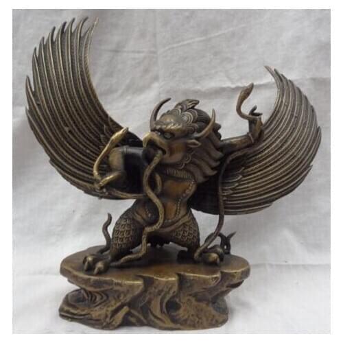 [old craft ] 12" Tibet Buddhism Carved Bronze Fly Redpoll Winged Garuda Buddha Snake Statue (A0314)