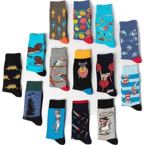 Crazy Animal Sloth Aliens Funny Socks Men Design Novelty Happy Dinosaur Cat shark Socks Novelty Skateboard Hip Hop Sox