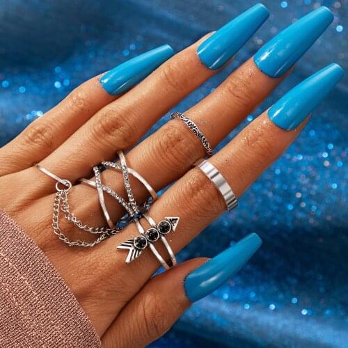 Tocona 5pcs/sets Retro Silver Color Cross Joint Rings for Women Black Crystal Stone Chain Geometric Party Jewelry Gift 16820