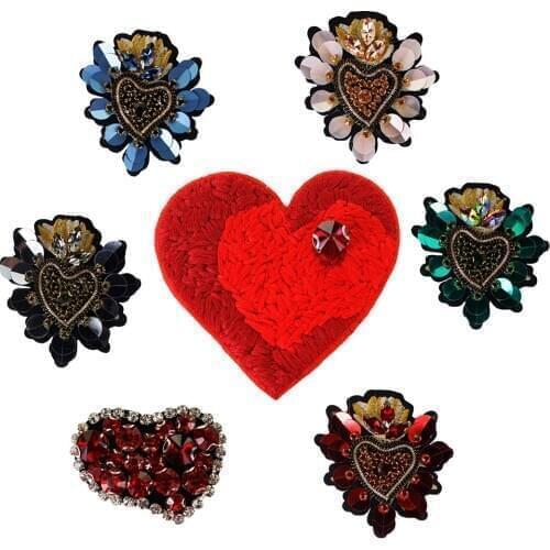 Beaded Sequin Paillette Heart Pattern Patches Embroidery Applique Badges Clothes Decorated Rhinestones Craft Sewing TH1865