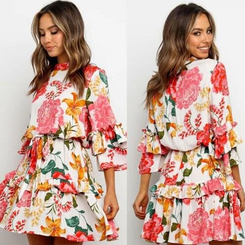 Women Casual Flower Print Ruffle Wrap Long Sleeve Dresses Evening Dress Beach Tie Waist Round Neck Bohemian S-XL