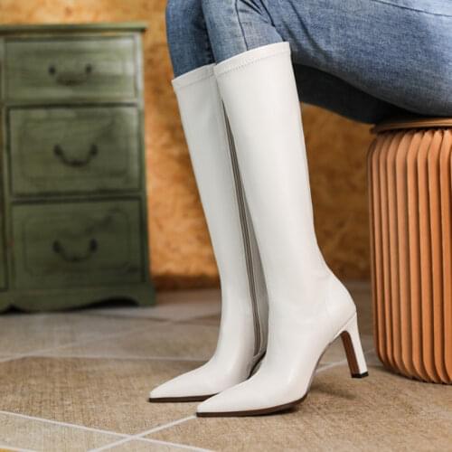 Ochanmeb Sexy Thin High Heels Pointy Toe Knee Boots Women Stretch Microfiber Leather White Zipper Long Tall Boots Ladies Shoes