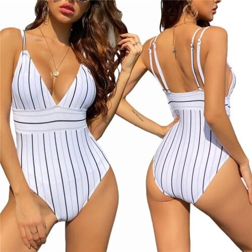 Female Swimwear, Girls Striped Deep V-Neck Sleeveless Bathing Suit for Summer, White, S/M/L/XL