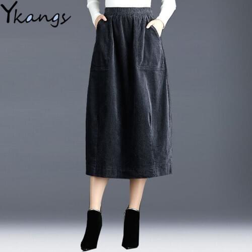 Winter Plus Size Women pocket Corduroy Skirt Autumn Vintage Harajuku Loose Female Long Skirt 2020 elastic High Waist Lady Faldas