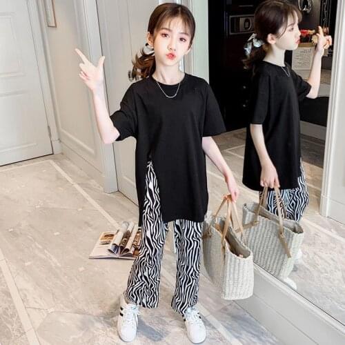 2021 Girls Clothes Set Summer White T Shirt+ Zebra Pants 2 Pcs Children Clothing Teen Kids Outfits Girls Clothes 6 8 10 12 Years